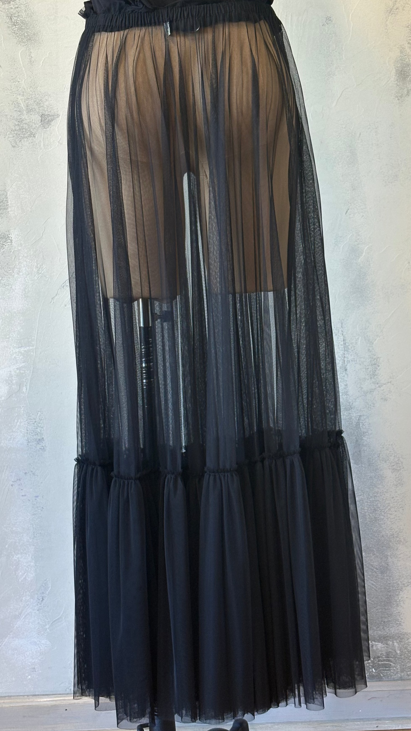 Long Black Mesh See-Through Skirt