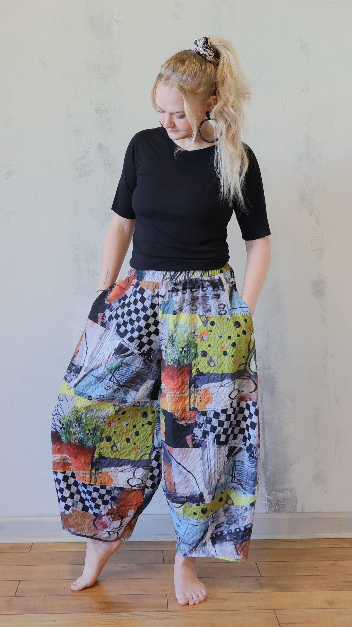 Colorful Patchwork Print Barrel-Leg Pants