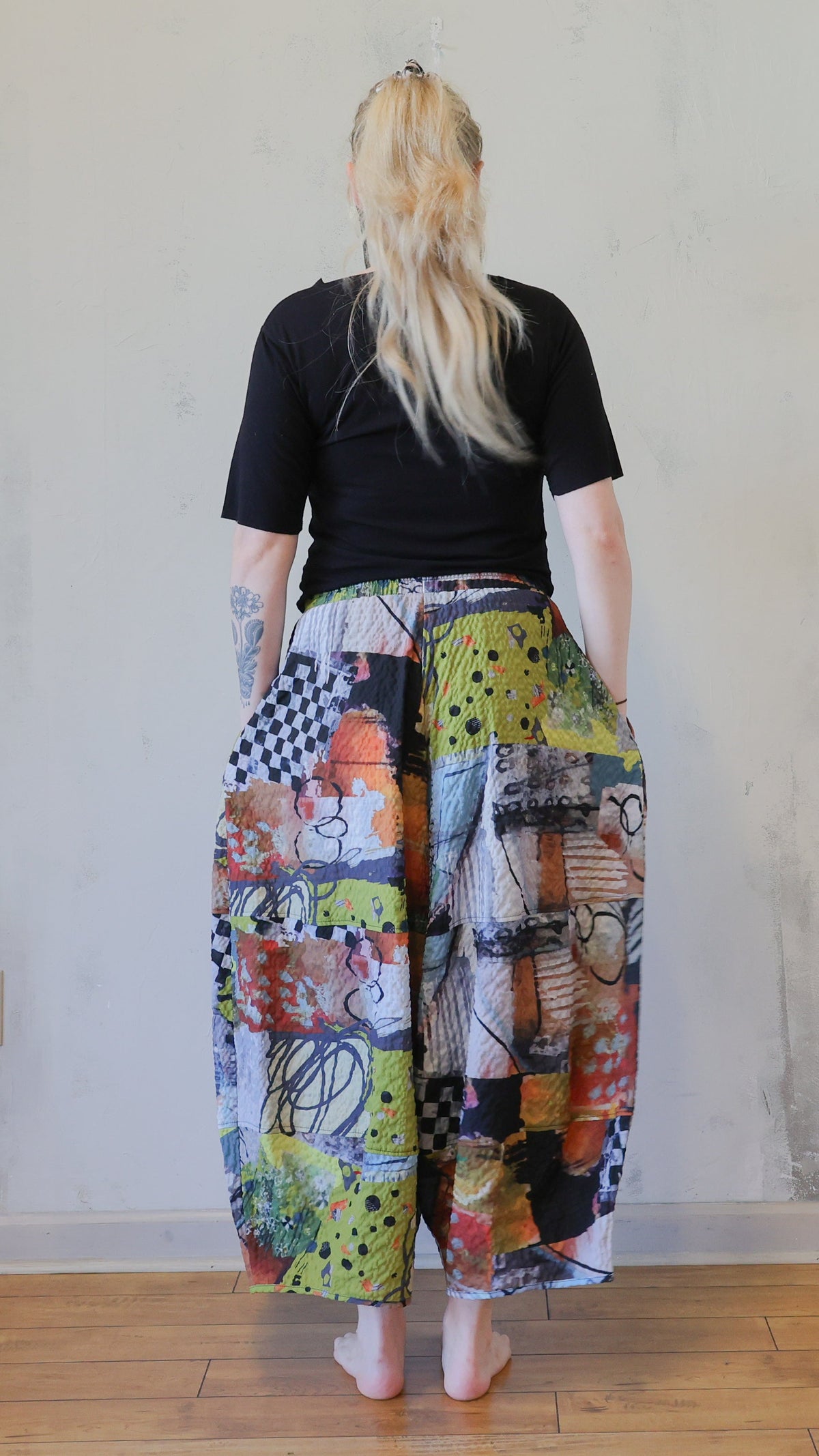 Colorful Patchwork Print Barrel-Leg Pants