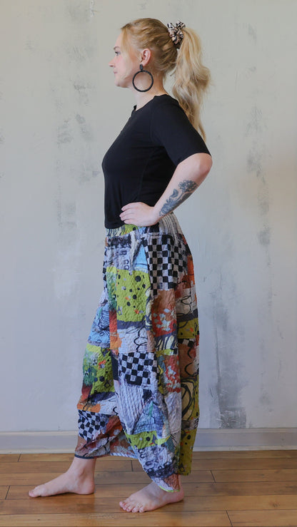 Colorful Patchwork Print Barrel-Leg Pants