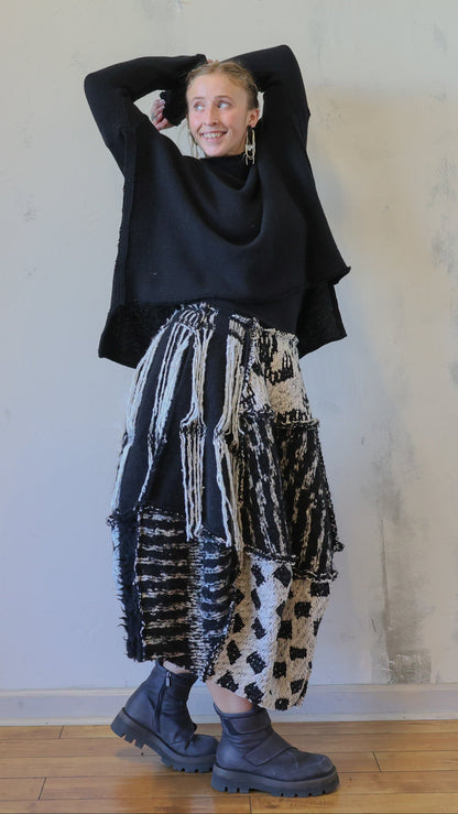 Black & Ivory Textured Patchwork Midi Skirt