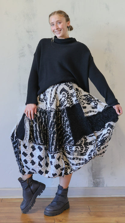 Black & Ivory Textured Patchwork Midi Skirt