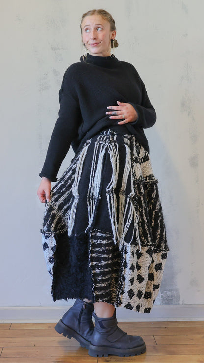 Black & Ivory Textured Patchwork Midi Skirt
