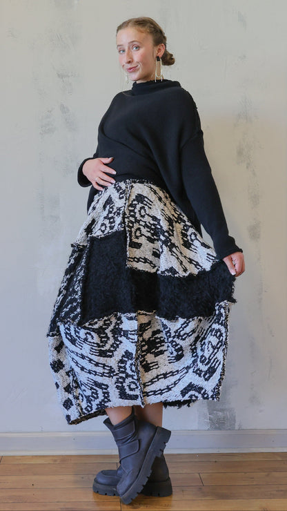 Black & Ivory Textured Patchwork Midi Skirt