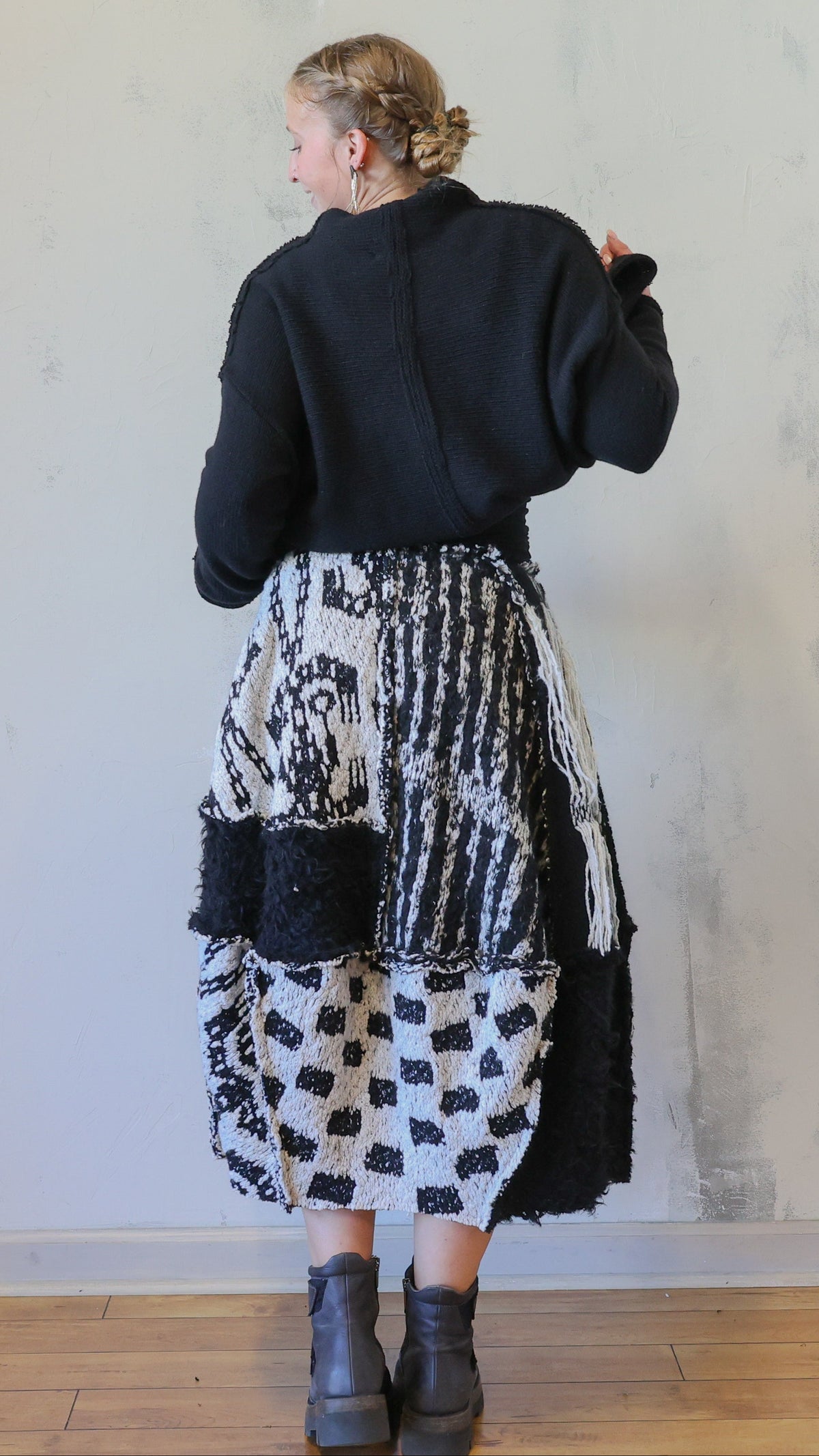 Black & Ivory Textured Patchwork Midi Skirt