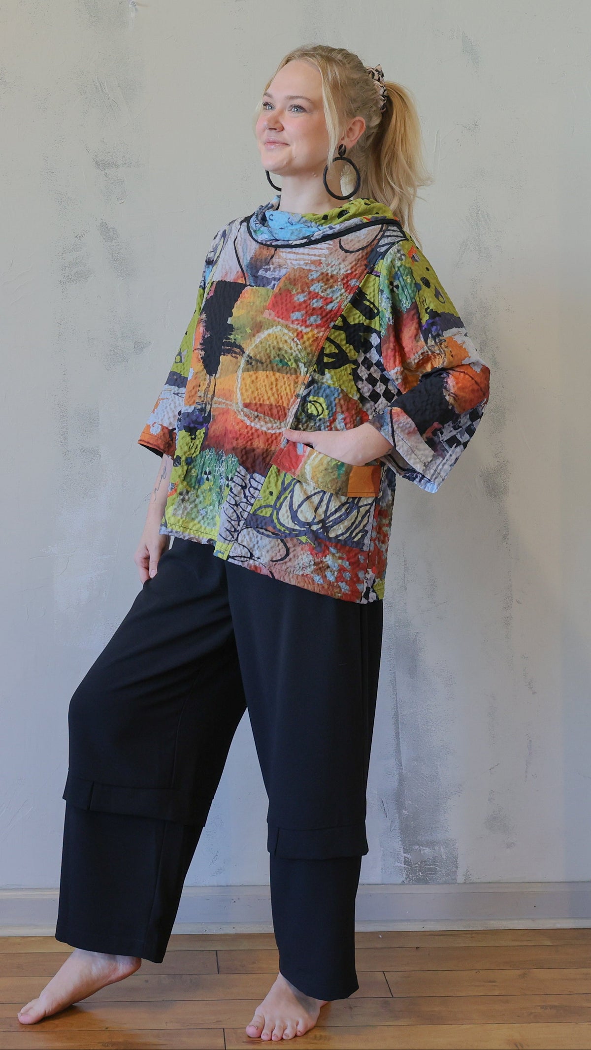 Multicolor Abstract Cowl-Neck Top