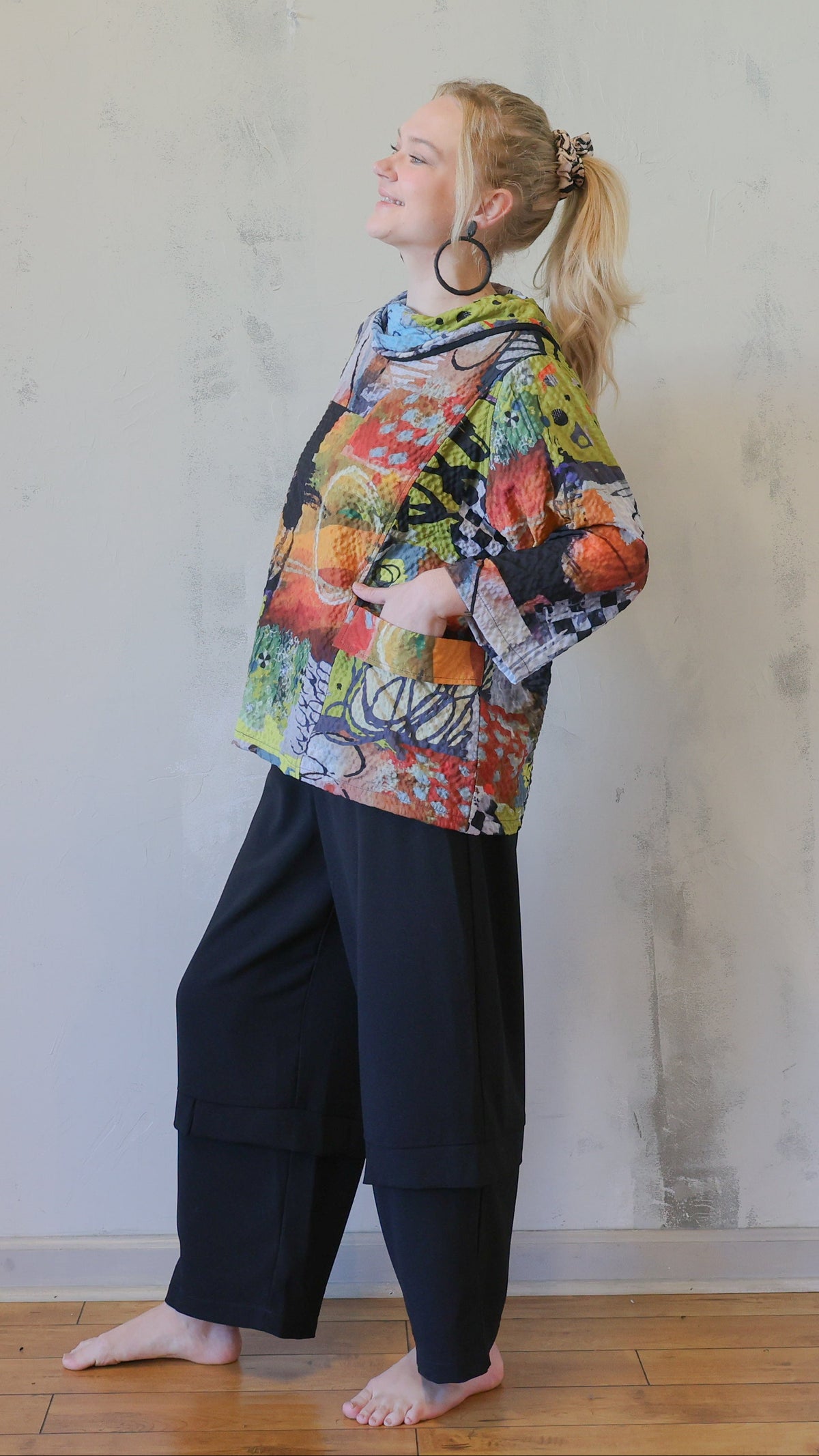 Multicolor Abstract Cowl-Neck Top