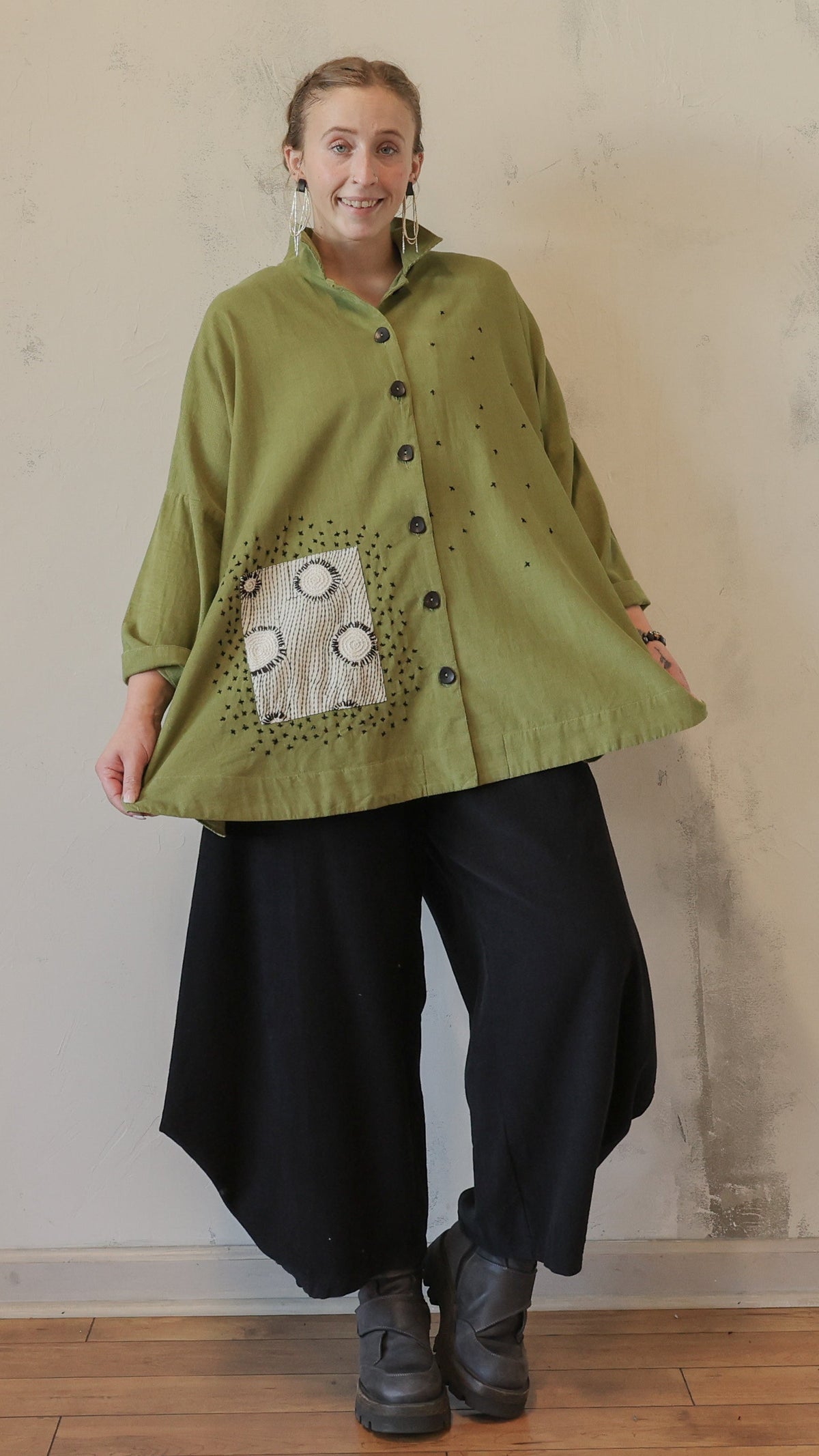 Olive Green Artistic Button-Up Tunic