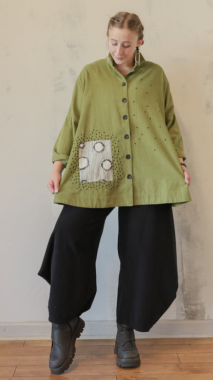 Olive Green Artistic Button-Up Tunic