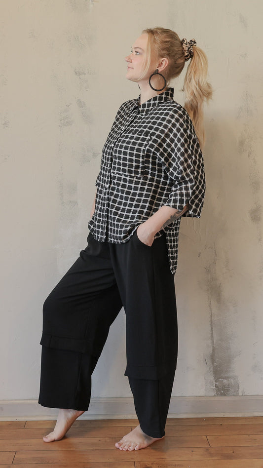 Black & White Windowpane Button-Down Top