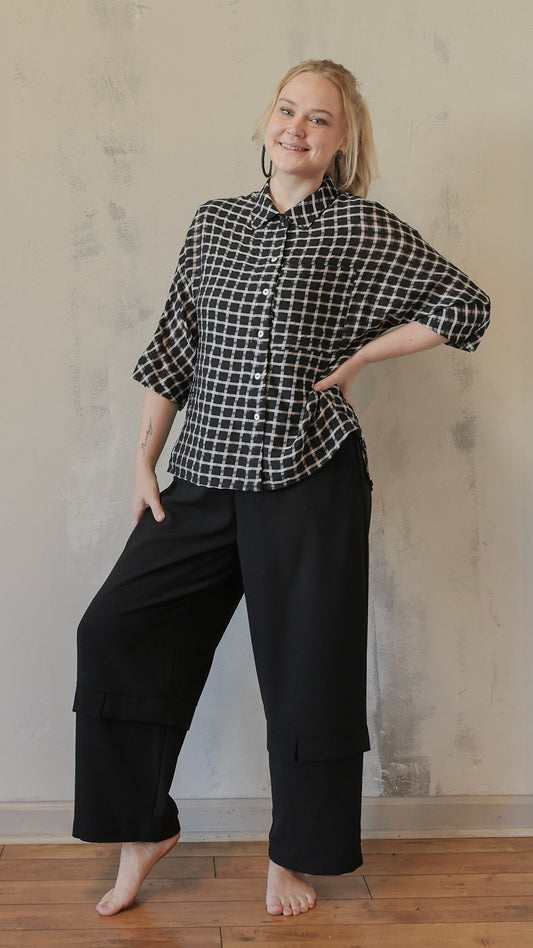 Black & White Windowpane Button-Down Top