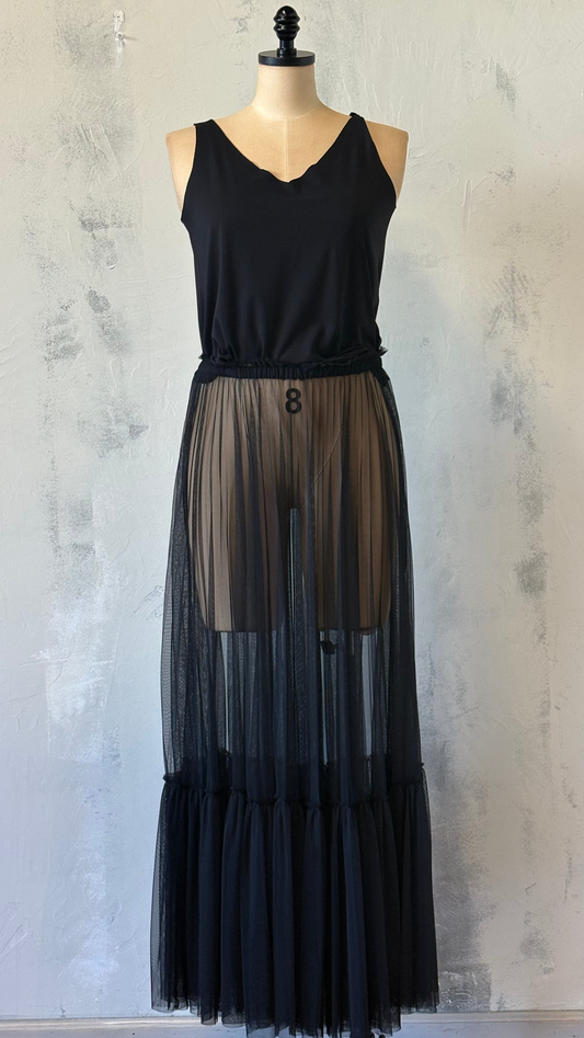 Long Black Mesh See-Through Skirt
