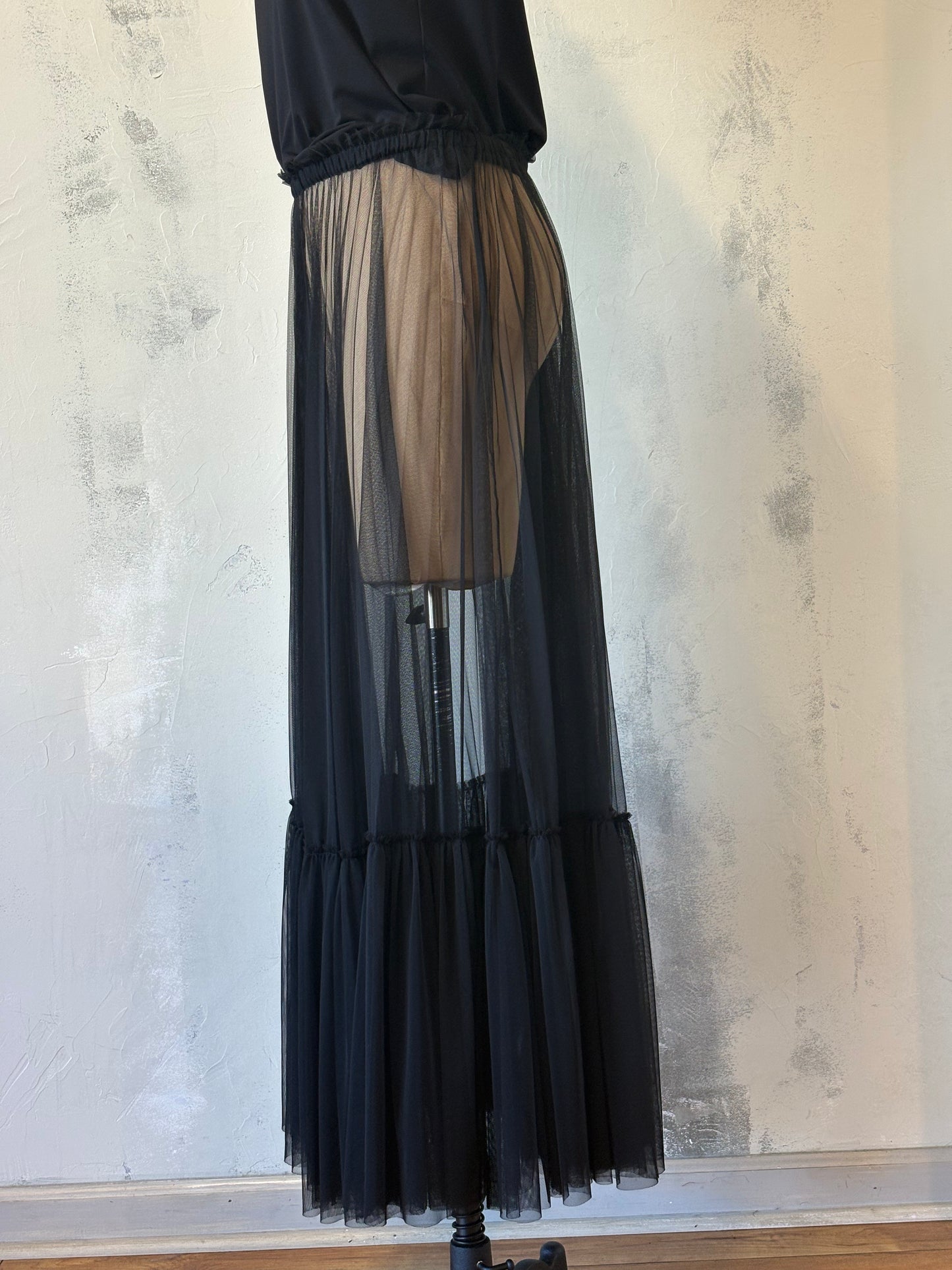 Long Black Mesh See-Through Skirt