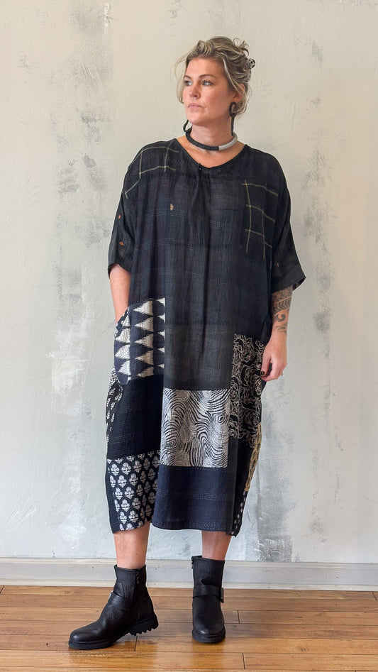 Black Kantha Patchwork Midi Dress