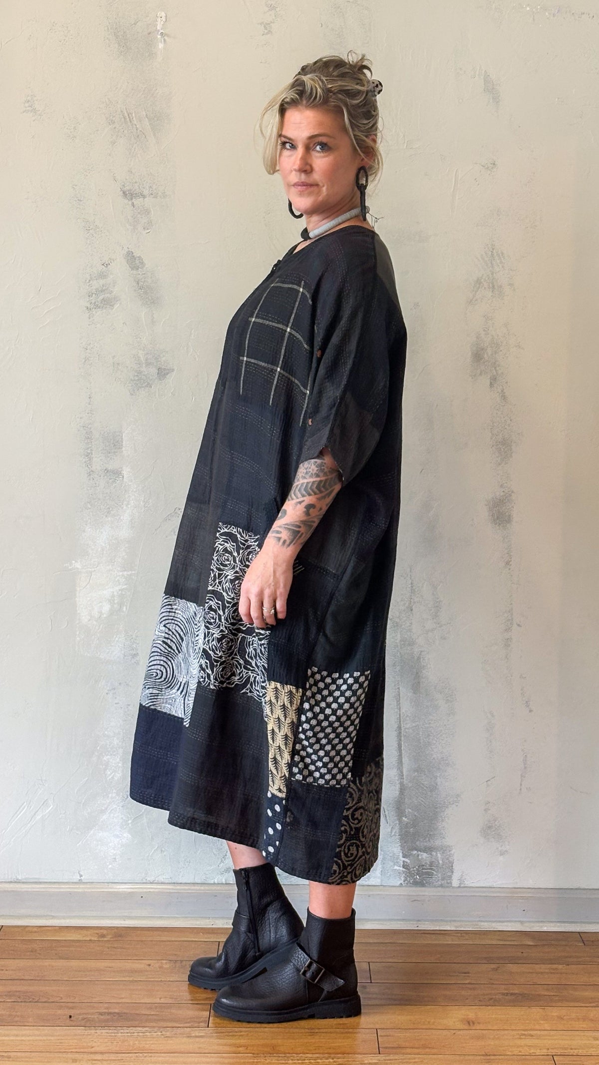 Black Kantha Patchwork Midi Dress