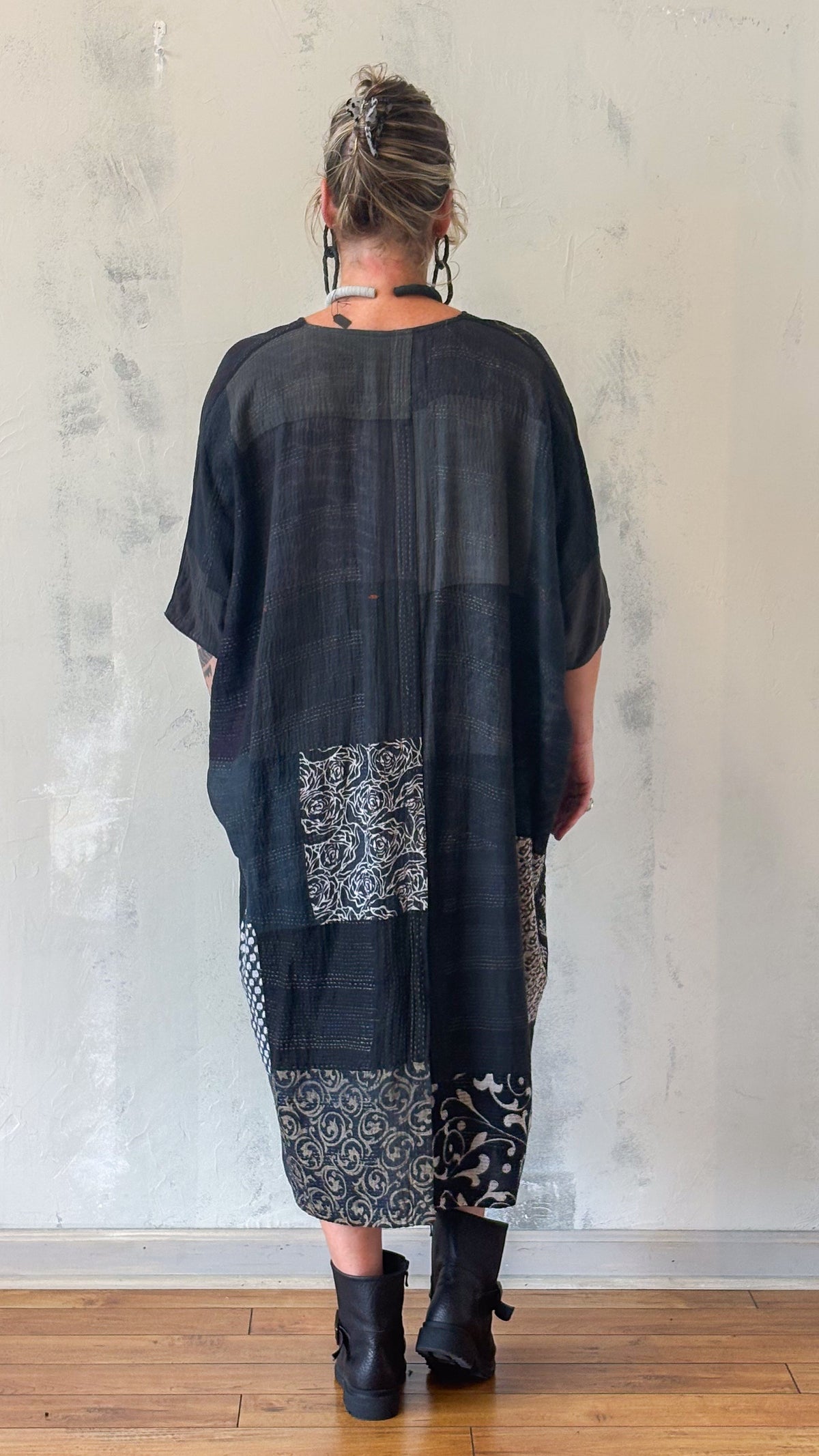 Black Kantha Patchwork Midi Dress