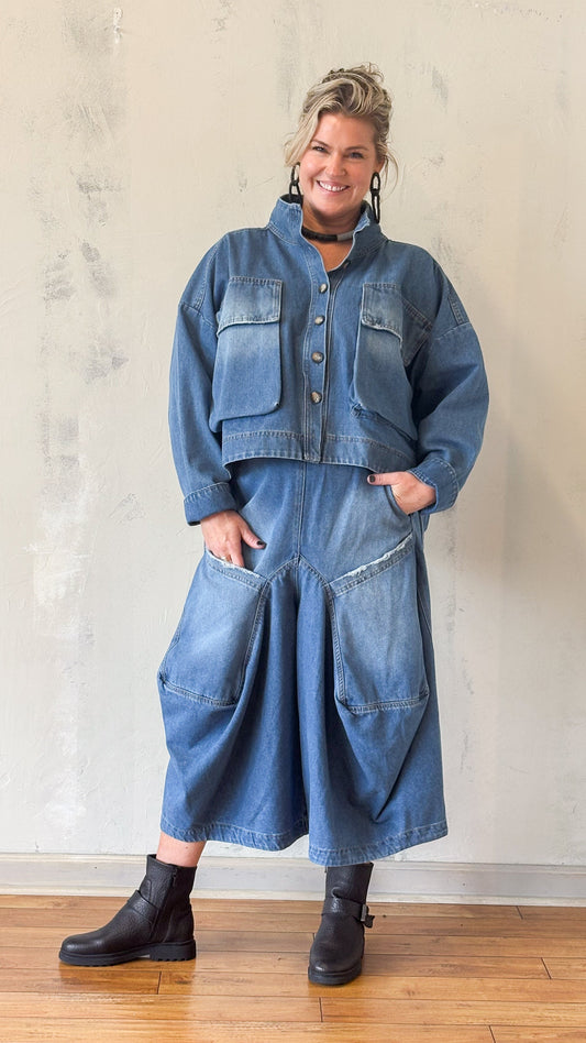 Blue Denim Barrel-Leg Pants
