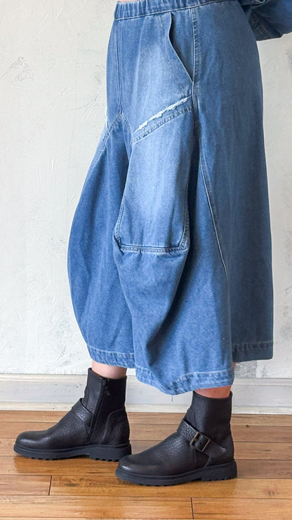 Blue Denim Barrel-Leg Pants